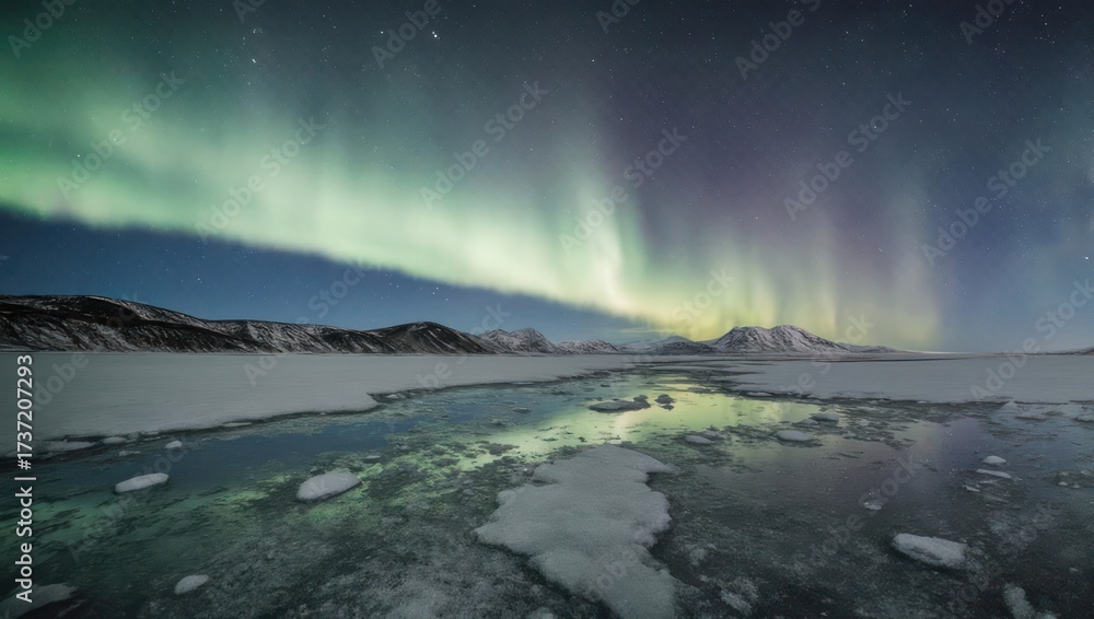 Naklejka premium Nighttime Arctic landscape with aurora borealis