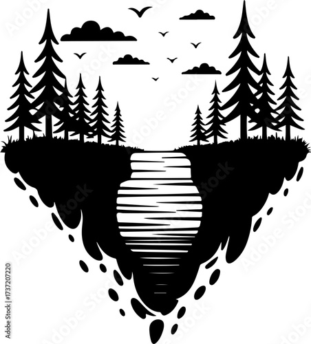 Surreal floating island landscape with a pine forest and cascading river silhouette