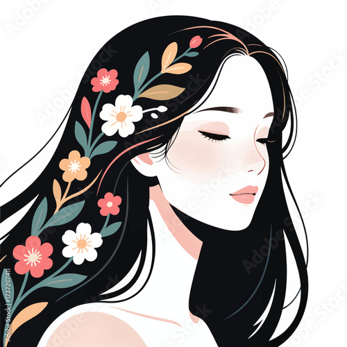 Dreamy Woman with Floral Hair, Serene and Peaceful