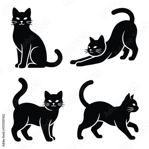 Four silhouetted black cats posed in various positions for halloween or pet themed designs silhouette