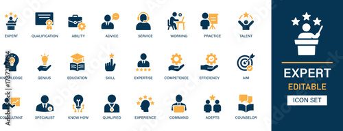 Expert icon set collection. Qualification, ability, advice, service, working, practice, talent, knowledge, genius, education and best solid icon set.
