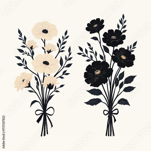 Elegant Bouquets of Cream and Black Flowers, Tied with Ribbons, Minimalist Style