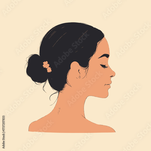 Elegant Woman with Floral Bun in Serene Moment