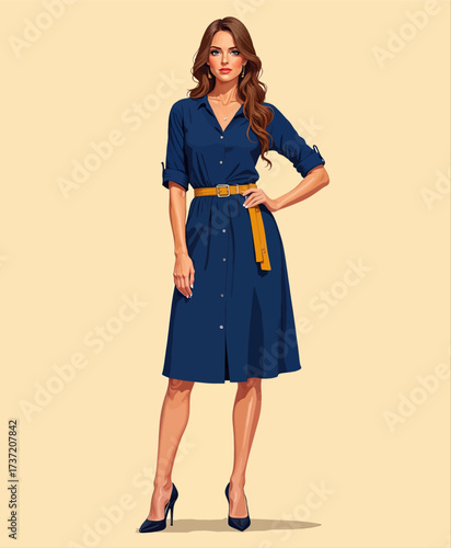 Elegant Woman in Navy Dress with Belt and Heels