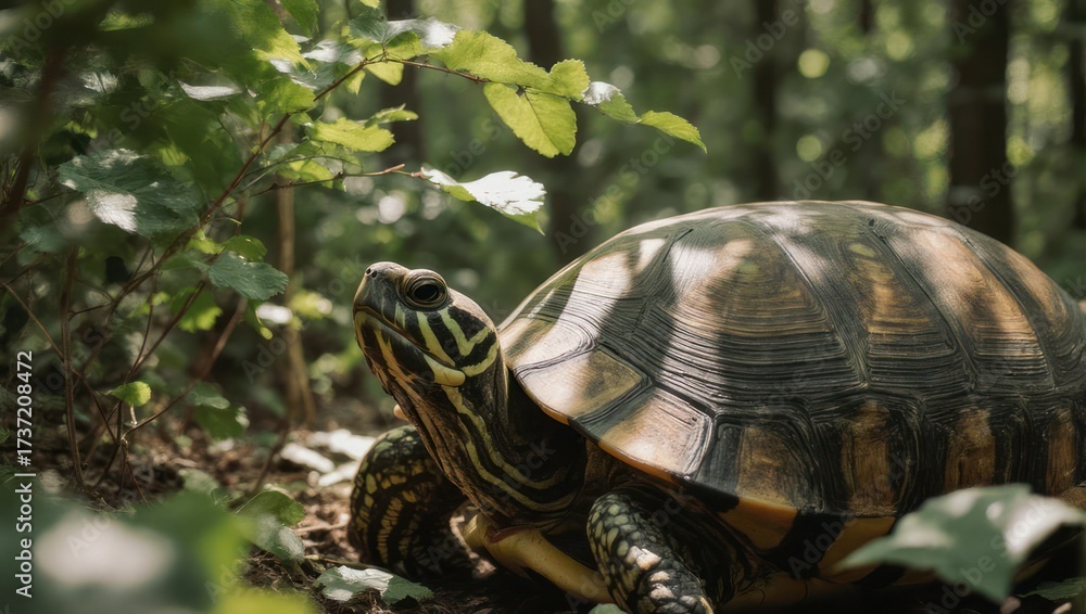 Obraz premium Close-up of a turtle in a lush green forest, bathed in dappled sunlight.