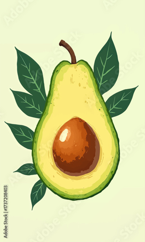 Fresh Avocado Illustration with Green Leaves