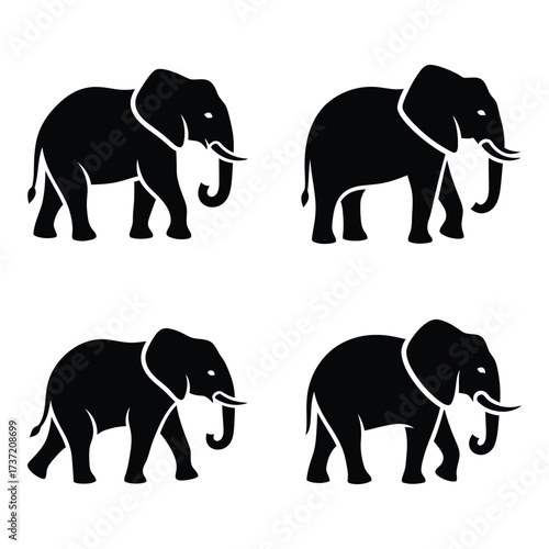 Four silhouetted elephants facing different directions graphic design element wildlife animal mammal silhouette
