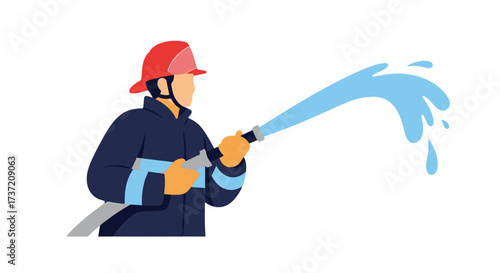 Firefighter in Action Spraying Water with Hose Illustration for Emergency Response, Public Safety Campaigns, and Educational Fire Safety Materials