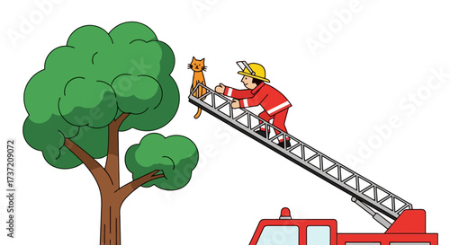 Cartoon Illustration of a Firefighter Rescuing a Cat from a Tree, Used for Educational Purposes and Promoting Community Safety Awareness.