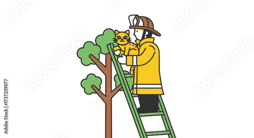 Firefighter Rescuing Cat from Tree Illustration for Safety Campaigns and Community Service Promotion, Ideal for Children's Books and Educational Materials