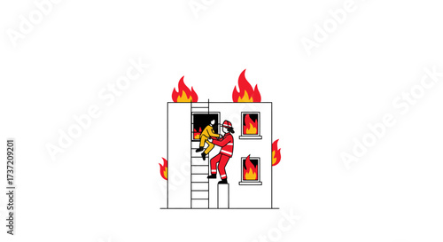Firefighter Rescue Illustration Depicting Emergency Evacuation from Burning Building for Safety Awareness Campaigns and Educational Materials.