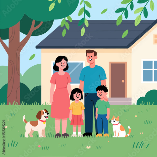 Happy Family in Front of Cozy Home with Pets