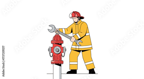 Firefighter Inspecting Fire Hydrant with Wrench Illustration for Public Safety Awareness Campaigns and Emergency Preparedness Guides