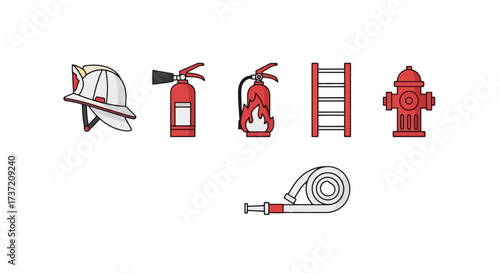 Firefighting Equipment Vector Illustration Set for Safety Awareness Campaigns and Educational Materials about Fire Prevention and Emergency Response
