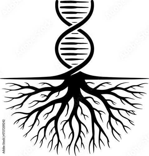 Symbolic vector illustration of a DNA double helix growing into tree roots, representing genetics and ancestry