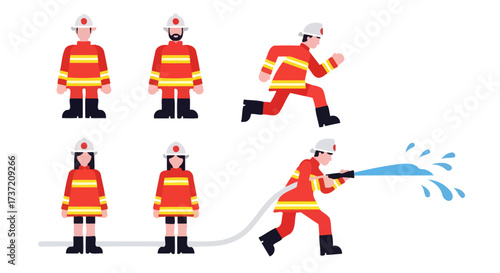 Vector Illustration Set of Firefighters in Action and Standing Poses for Emergency Response and Fire Safety Awareness Campaigns.