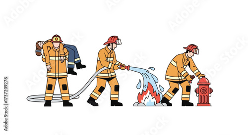 Firefighter Illustration Depicting Rescue, Fire Suppression, and Hydrant Operation for Safety Awareness and Emergency Response Training Material
