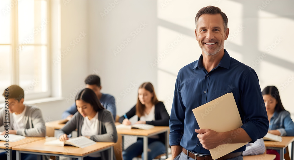 Fototapeta premium Dedicated Professor Fostering Learning Environment Embracing Students Academic Success Guiding Future Leaders in Education Inspiring Knowledge Sharing Wisdom