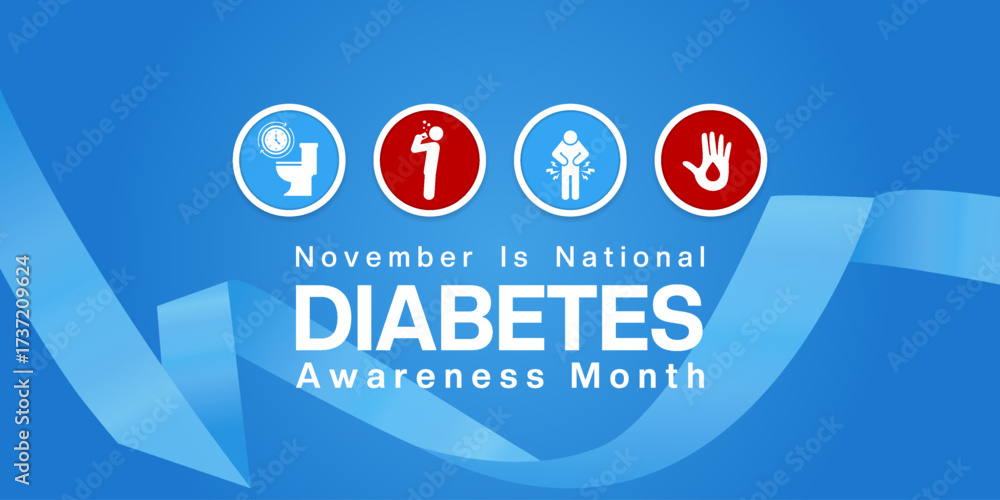 Fototapeta premium November Is National Diabetes Awareness Month. Ribbon, toilet, people and hand. Suitable for posters, banners and social media. Blue background.