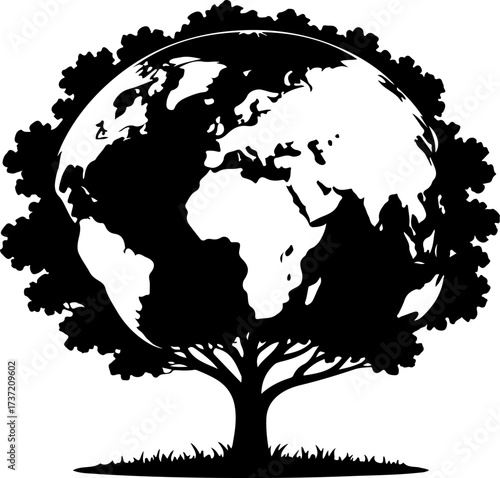 Stark vector illustration of a tree with the world globe as its lush crown, symbolizing global ecological balance and sustainable growth