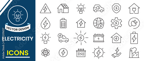 Electricity icons, Electricity and Energy line icons vector set collection such as lightning strike, static, energy sources, induction, electric current, charger flow and more. Vector illustration.