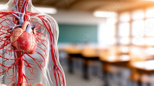 Human anatomy model showing heart and circulatory system in a classroom environment with blurred background of empty desks