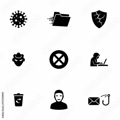 A collection of black vector icons representing digital threats like virus, malware, hacking, phishing, and data corruption, alongside concepts of defense and prohibition.