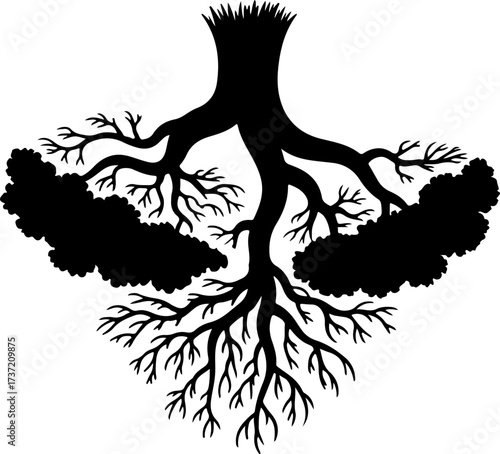 Striking Black Silhouette of Tree Roots and Canopy, Symbolizing Growth and Nature