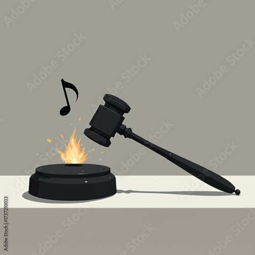 Judicial Gavel Striking Flame with Musical Note