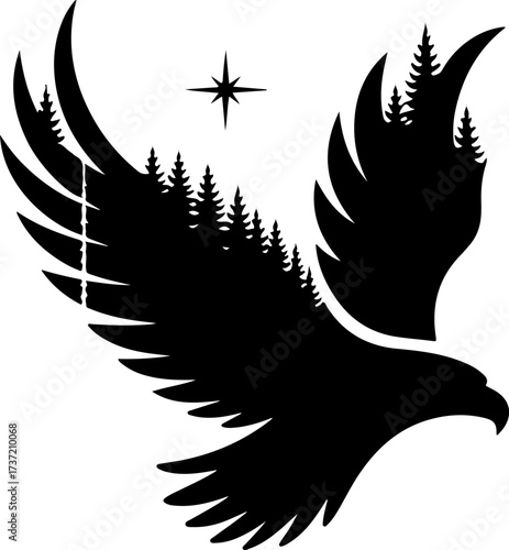 Striking Black Silhouette Vector Illustration of an Eagle with Forest and Star