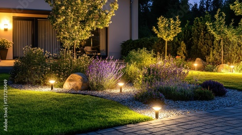 Landscaped garden at night, illuminated by spotlights