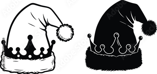 Santa crown silhouette, festive hat icon, holiday royalty, black vector design, Christmas symbol, regal theme, editable graphic, celebration concept