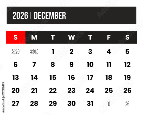 2026 (1 month december) universal calendar vector design, international format suitable for global use, modern minimal template for print and digital applications