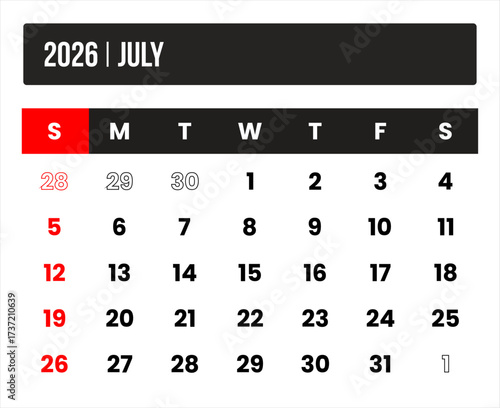 2026 (1 month july) universal calendar vector design, international format suitable for global use, modern minimal template for print and digital applications