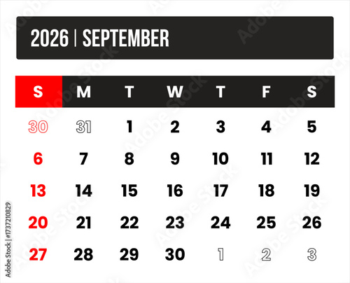2026 (1 month september) universal calendar vector design, international format suitable for global use, modern minimal template for print and digital applications