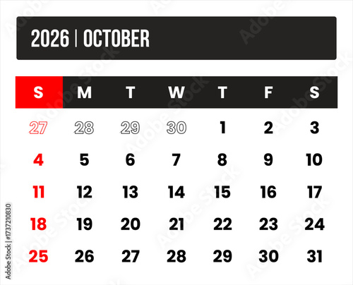 2026 (1 month october) universal calendar vector design, international format suitable for global use, modern minimal template for print and digital applications