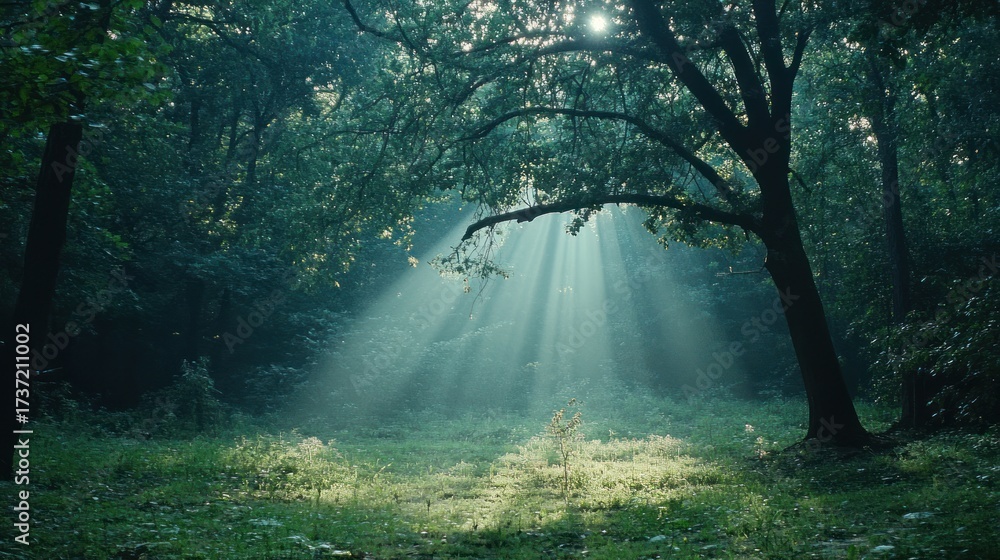 Fototapeta premium Sunbeams pierce a misty forest floor