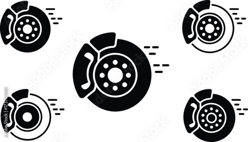 Set of Car Brake Disc Icons with Motion Lines
