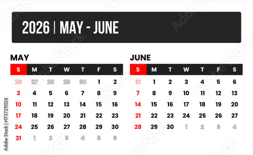 2026 (2 months may - june) universal calendar vector design, international format suitable for global use, modern minimal template for print and digital applications