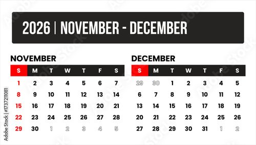 2026 (2 months november - december) universal calendar vector design, international format suitable for global use, modern minimal template for print and digital applications