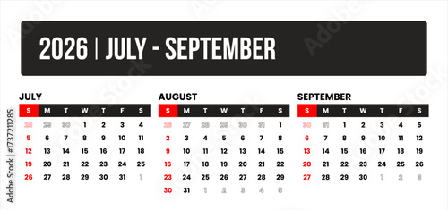 2026 (3 months july - september) universal calendar vector design, international format suitable for global use, modern minimal template for print and digital applications