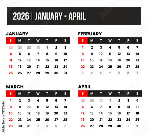 2026 (4 months january - april) universal calendar vector design, international format suitable for global use, modern minimal template for print and digital applications
