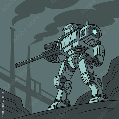 Futuristic robot soldier standing on a rocky terrain with industrial backdrop