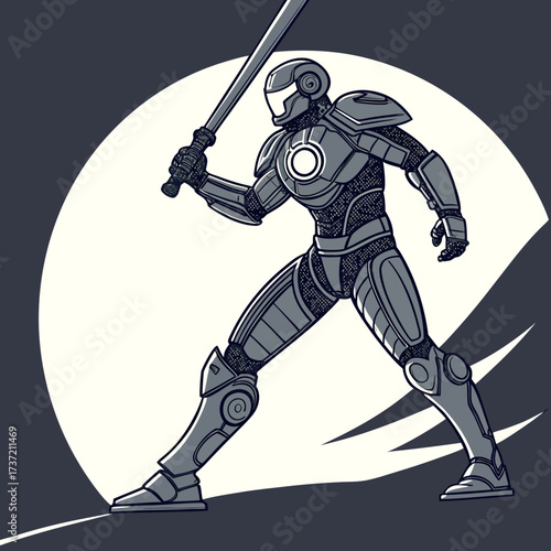 Futuristic warrior with sword in front of a bright light source