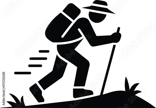 Icon of a Hiker with Backpack and Trekking Poles on a Hill