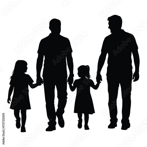 Silhouettes of two fathers walking hand-in-hand with their two daughters creating a happy family scene silhouette