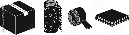 Isometric illustration of cardboard box, bubble wrap, duct tape, and wooden pallet for packaging and shipping