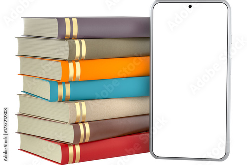 Stack of books and Smartphone with blank screen, transparent background