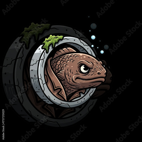 Pipe Fish Mascot – Cartoon Aquatic Character Emerging from Cracked Stone Tube with Bubbles and Seaweed