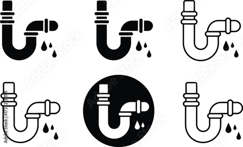 Leaking Pipe Icons: Black and White Plumbing Symbols